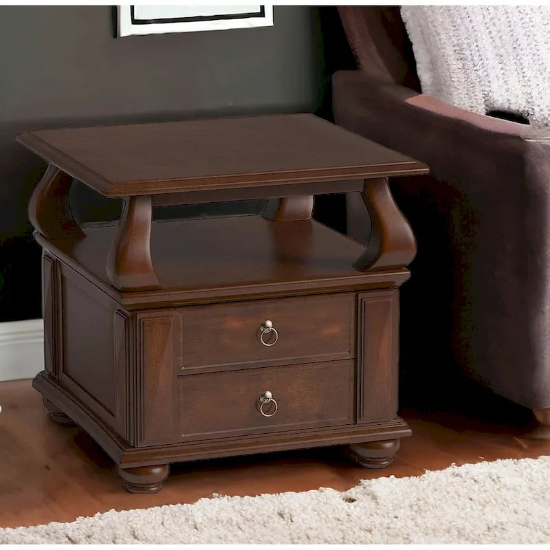 HomeRoots 26 Brown Solid Wood Square End Table With Two Drawers And Shelf - 26' X '26' X '28