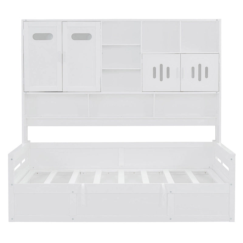 Twin Daybed with Hydraulic Lift, 3 Storage Spaces & Built-in Shelves and Cabinets