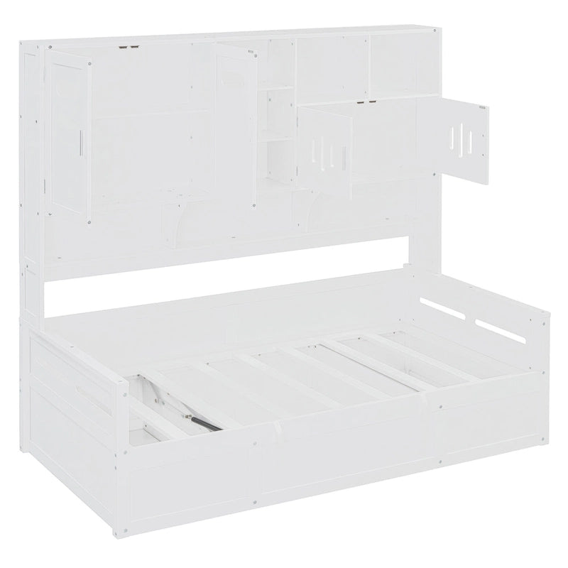 Twin Daybed with Hydraulic Lift, 3 Storage Spaces & Built-in Shelves and Cabinets