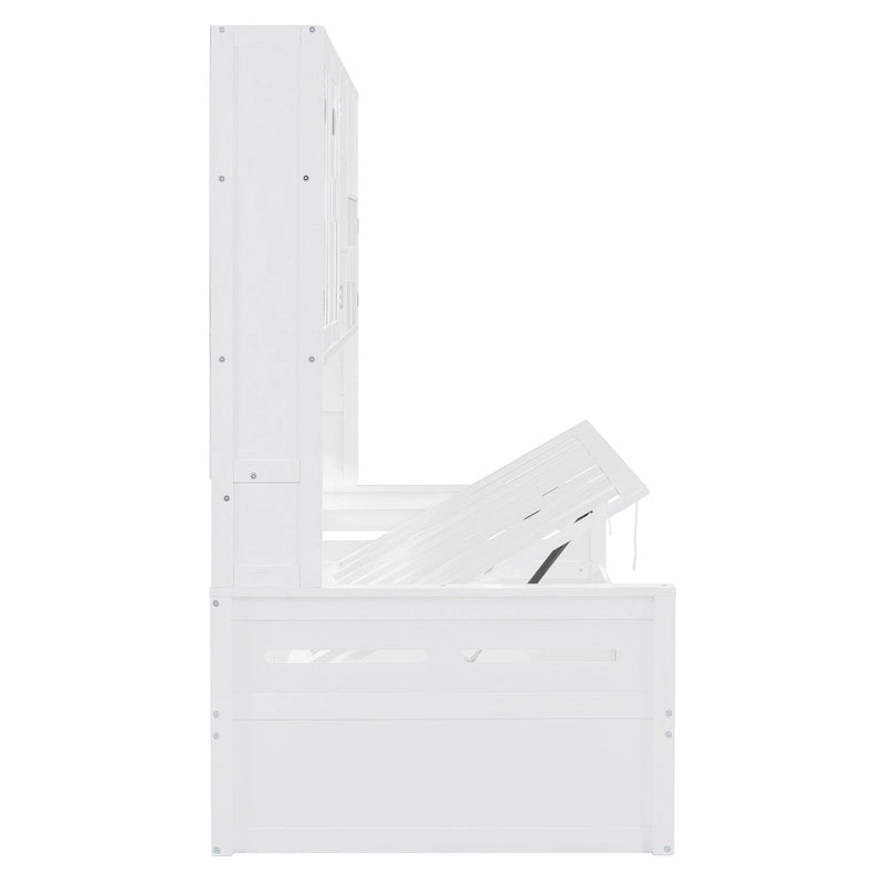Twin Daybed with Hydraulic Lift, 3 Storage Spaces & Built-in Shelves and Cabinets