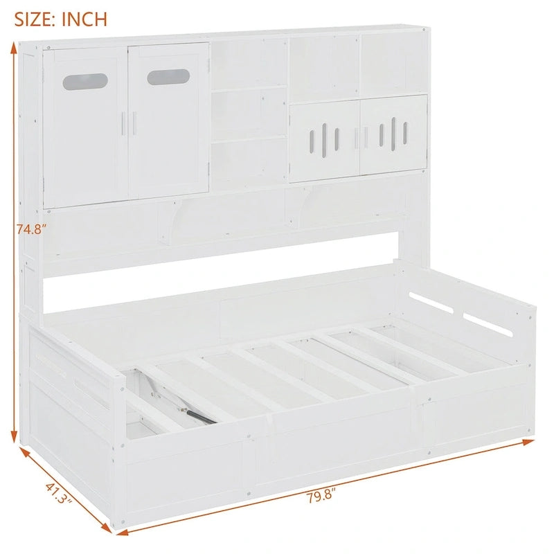 Twin Daybed with Hydraulic Lift, 3 Storage Spaces & Built-in Shelves and Cabinets