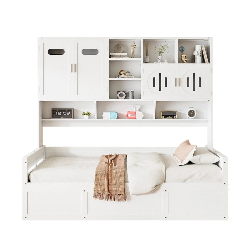 Twin Daybed with Hydraulic Lift, 3 Storage Spaces & Built-in Shelves and Cabinets