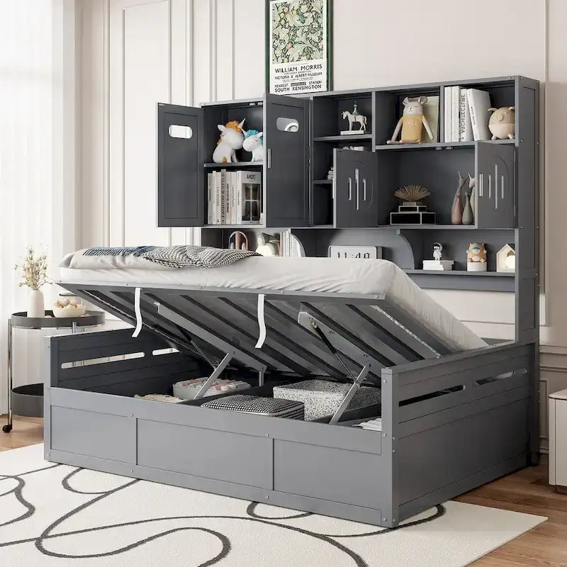 Twin Daybed with Hydraulic Lift, 3 Storage Spaces & Built-in Shelves and Cabinets