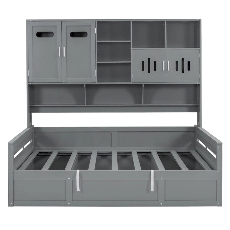 Twin Daybed with Hydraulic Lift, 3 Storage Spaces & Built-in Shelves and Cabinets