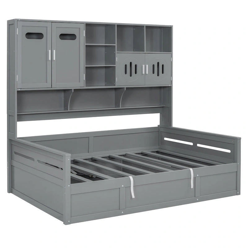 Twin Daybed with Hydraulic Lift, 3 Storage Spaces & Built-in Shelves and Cabinets