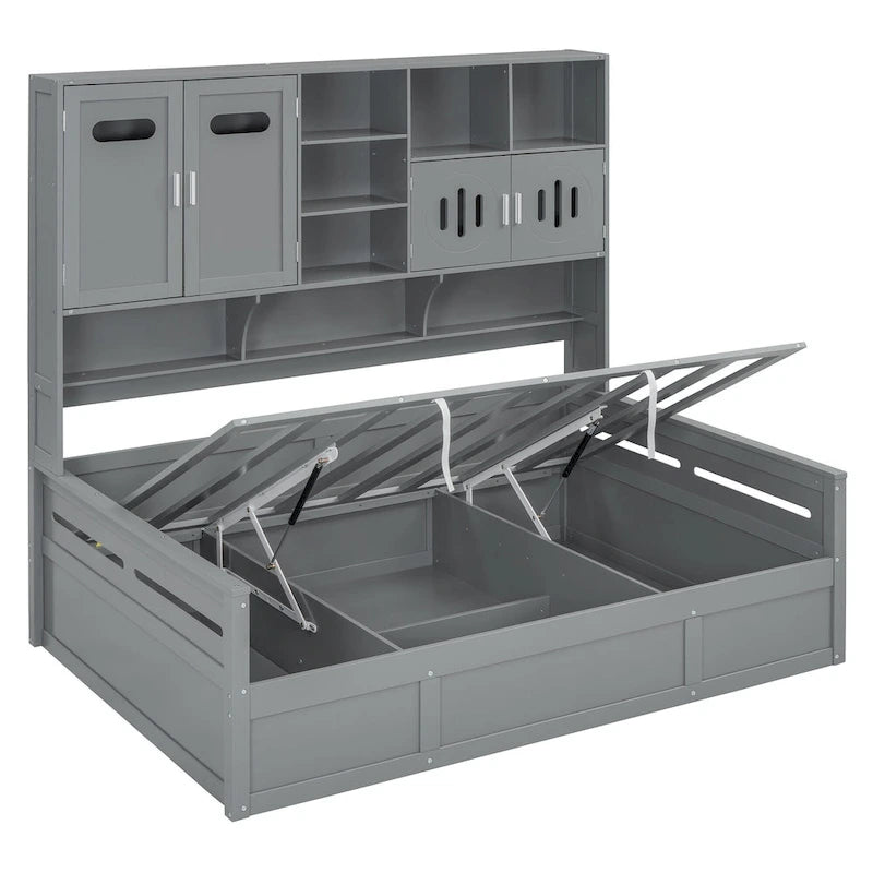 Twin Daybed with Hydraulic Lift, 3 Storage Spaces & Built-in Shelves and Cabinets