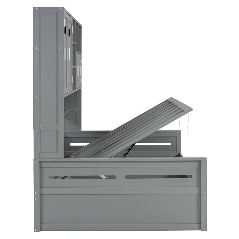 Twin Daybed with Hydraulic Lift, 3 Storage Spaces & Built-in Shelves and Cabinets