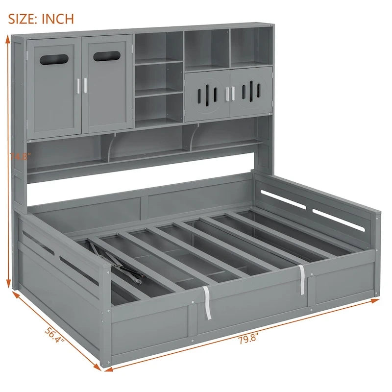 Twin Daybed with Hydraulic Lift, 3 Storage Spaces & Built-in Shelves and Cabinets
