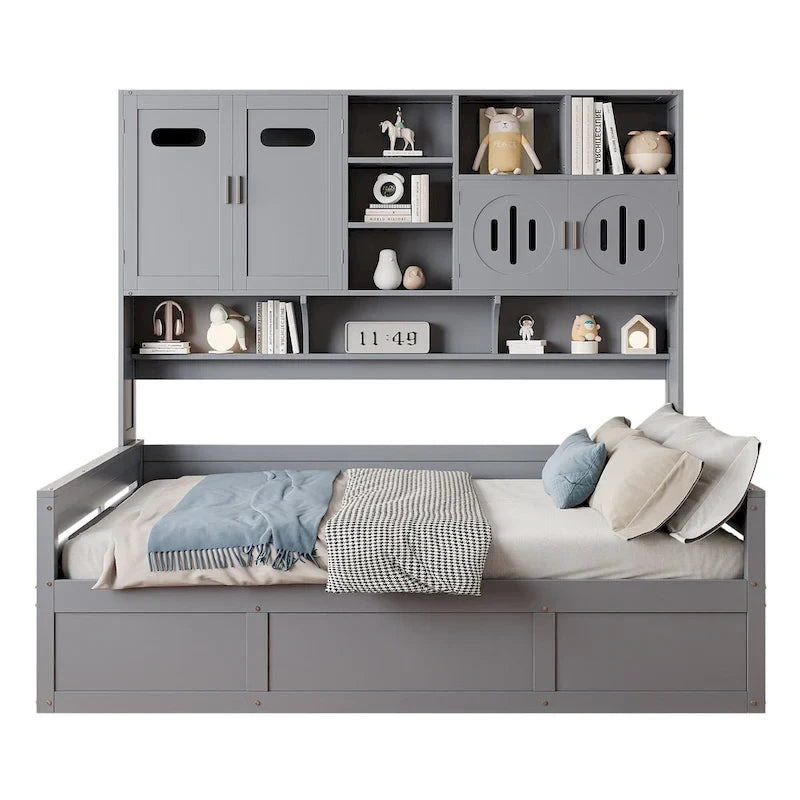 Twin Daybed with Hydraulic Lift, 3 Storage Spaces & Built-in Shelves and Cabinets