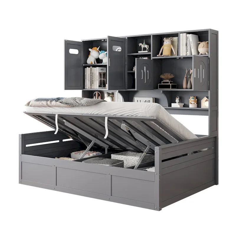 Twin Daybed with Hydraulic Lift, 3 Storage Spaces & Built-in Shelves and Cabinets