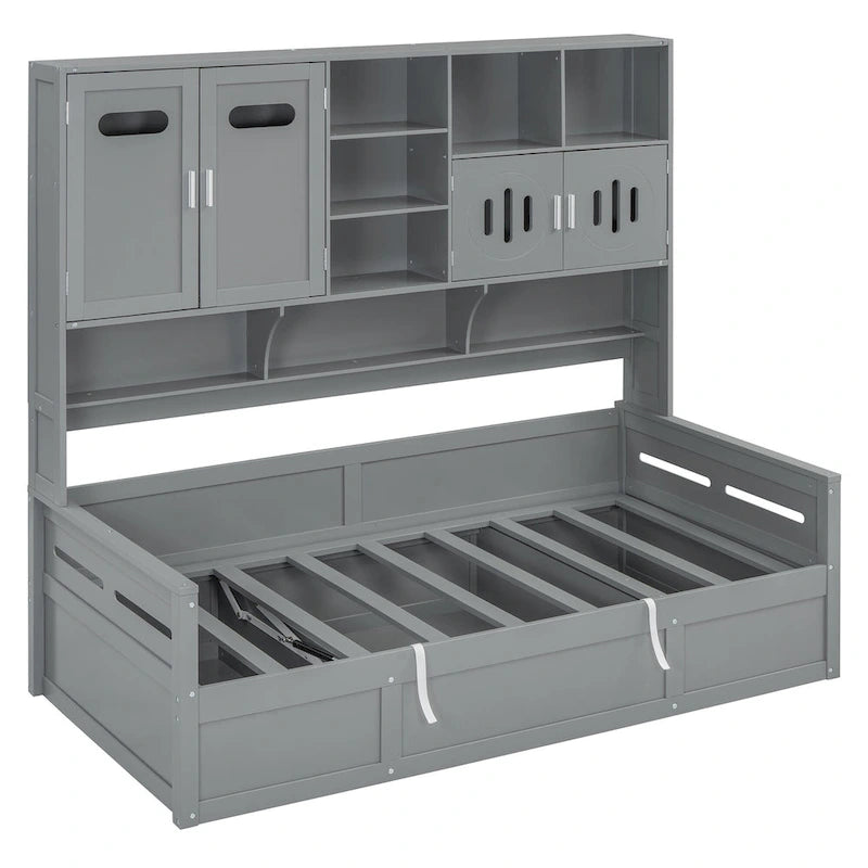 Twin Daybed with Hydraulic Lift, 3 Storage Spaces & Built-in Shelves and Cabinets