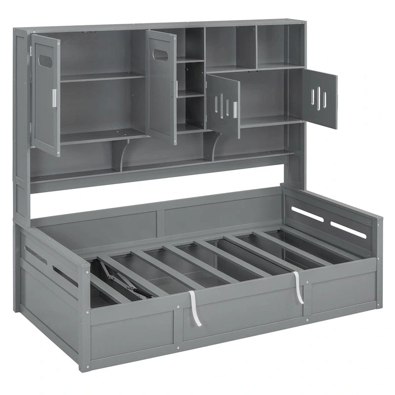 Twin Daybed with Hydraulic Lift, 3 Storage Spaces & Built-in Shelves and Cabinets