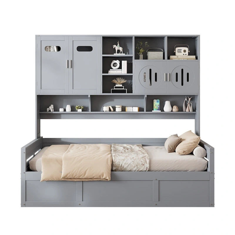 Twin Daybed with Hydraulic Lift, 3 Storage Spaces & Built-in Shelves and Cabinets