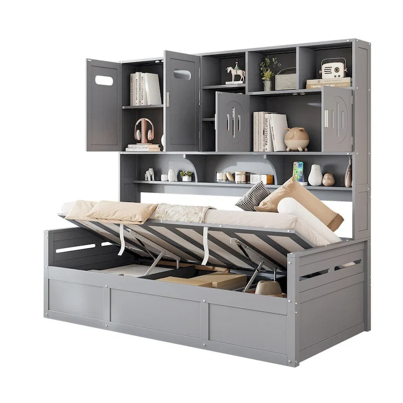 Twin Daybed with Hydraulic Lift, 3 Storage Spaces & Built-in Shelves and Cabinets