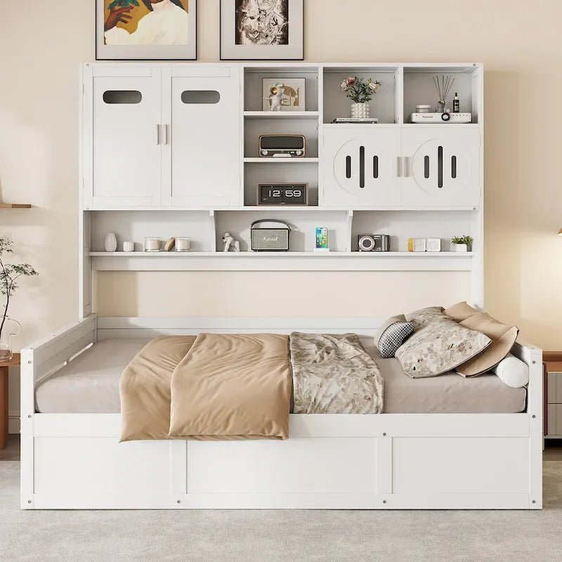 Twin Daybed with Hydraulic Lift, 3 Storage Spaces & Built-in Shelves and Cabinets
