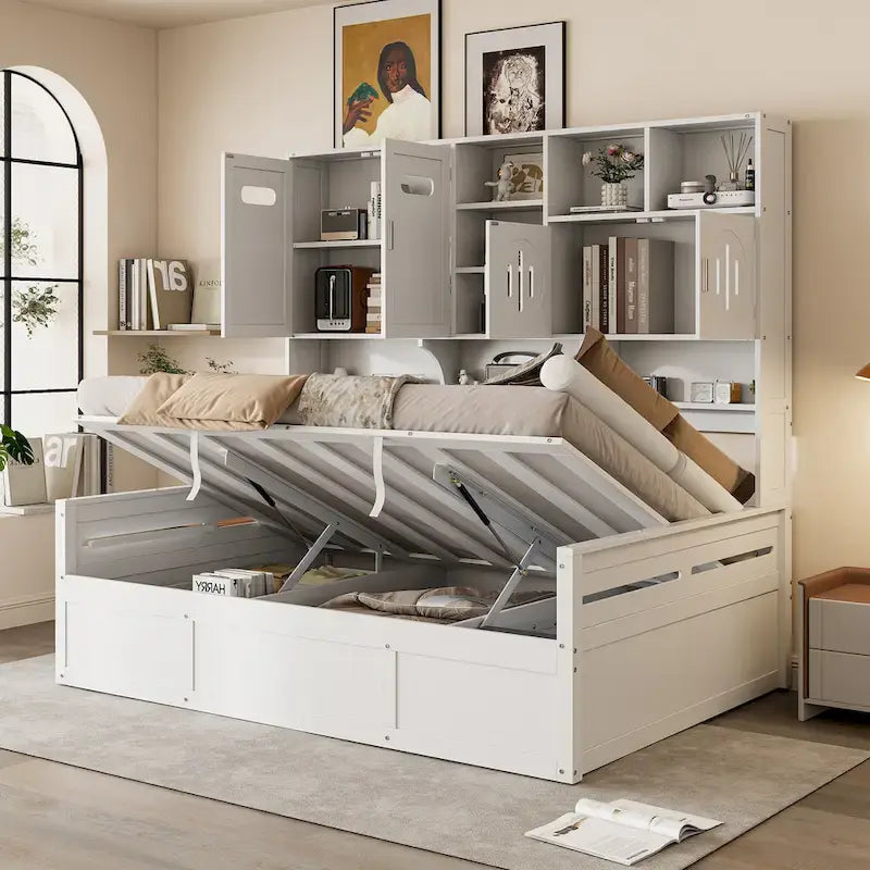 Twin Daybed with Hydraulic Lift, 3 Storage Spaces & Built-in Shelves and Cabinets