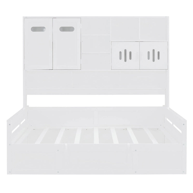 Twin Daybed with Hydraulic Lift, 3 Storage Spaces & Built-in Shelves and Cabinets