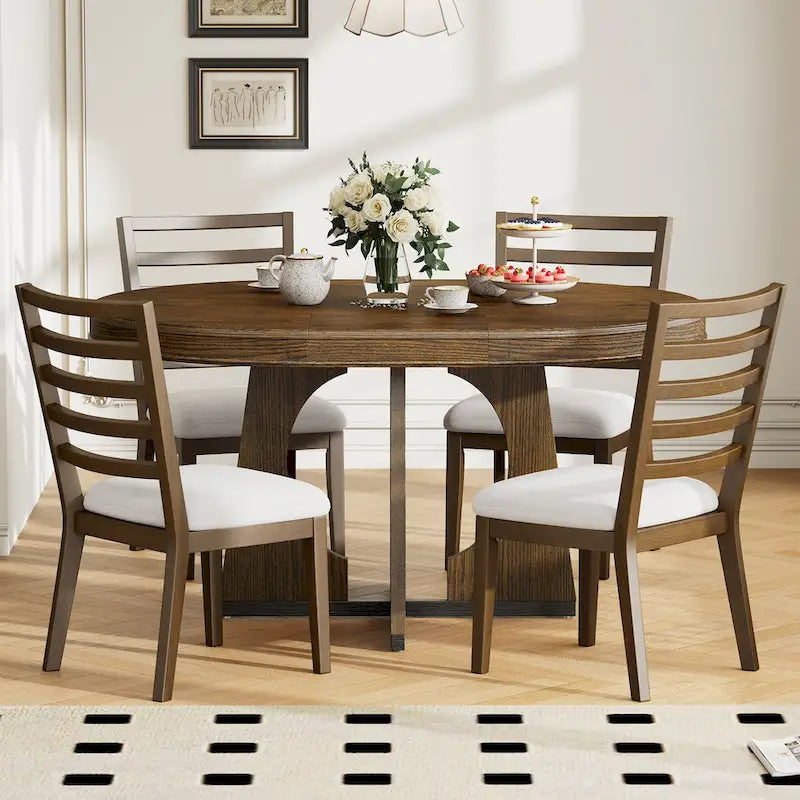 5 Piece Extendable Dining Table Set Retro Round Dining Table and Chair Sets with Geometric Design for Kitchen Dining Room