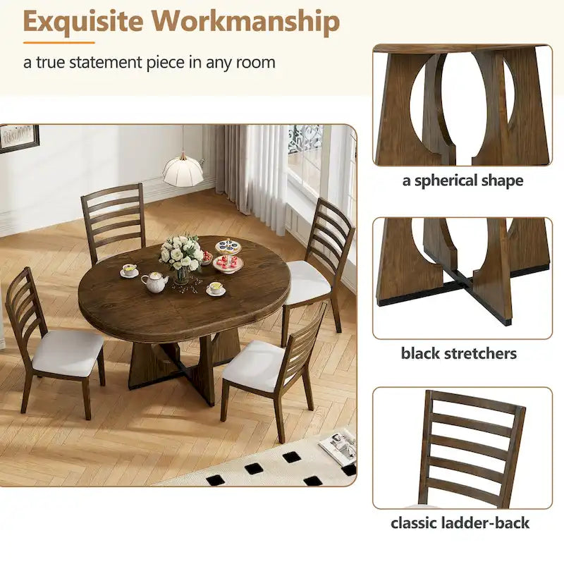 5 Piece Extendable Dining Table Set Retro Round Dining Table and Chair Sets with Geometric Design for Kitchen Dining Room