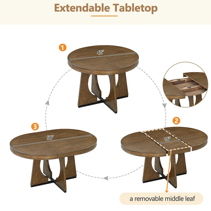 5 Piece Extendable Dining Table Set Retro Round Dining Table and Chair Sets with Geometric Design for Kitchen Dining Room