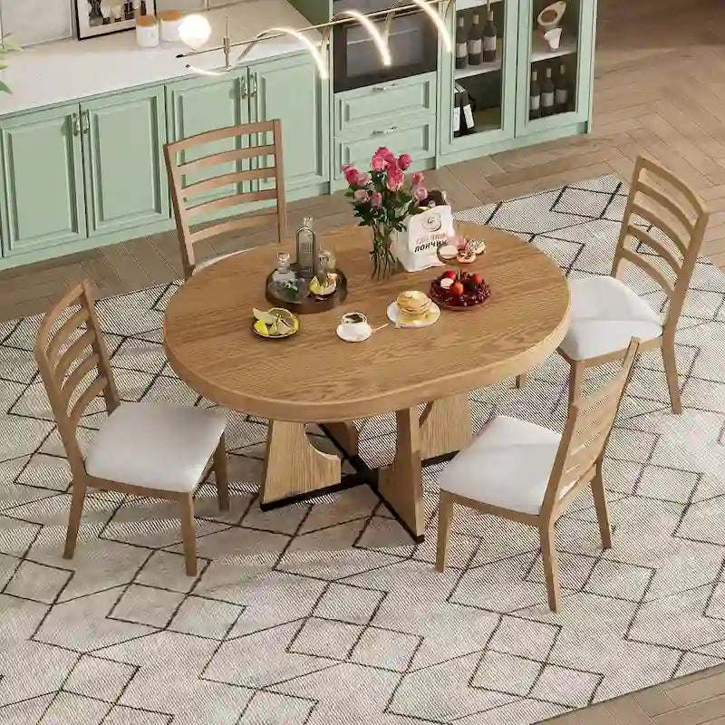 5 Piece Extendable Dining Table Set Retro Round Dining Table and Chair Sets with Geometric Design for Kitchen Dining Room