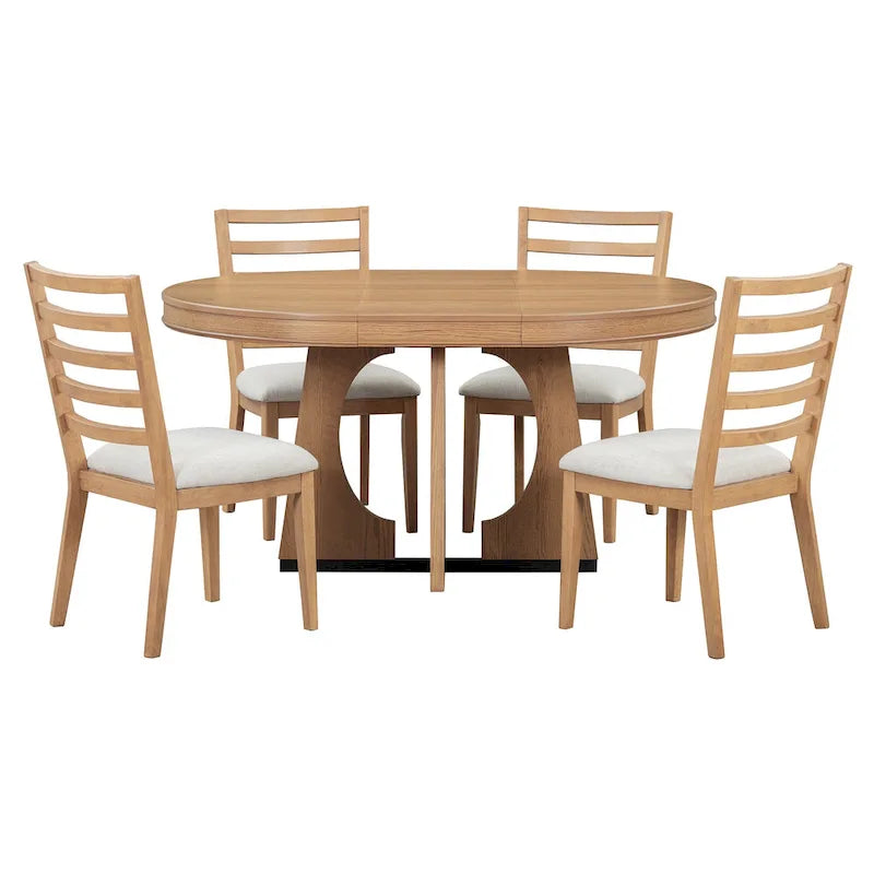 5 Piece Extendable Dining Table Set Retro Round Dining Table and Chair Sets with Geometric Design for Kitchen Dining Room
