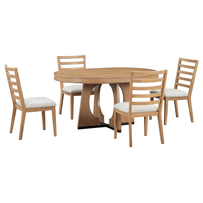 5 Piece Extendable Dining Table Set Retro Round Dining Table and Chair Sets with Geometric Design for Kitchen Dining Room