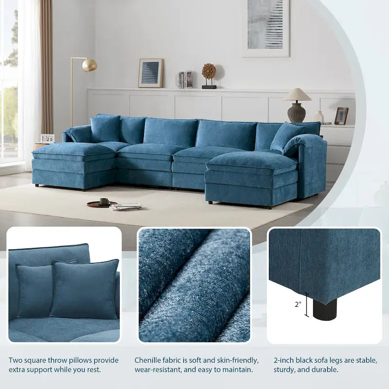 136  U-Shaped Chenille Cloud Sectional Sofa with Dual Ottomans