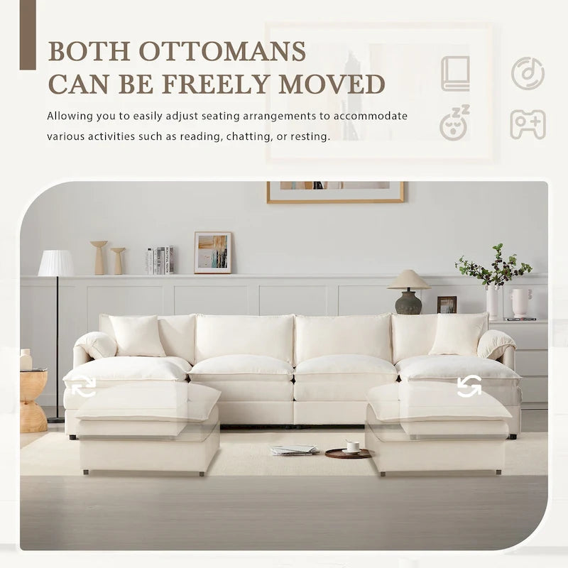 136  U-Shaped Chenille Cloud Sectional Sofa with Dual Ottomans