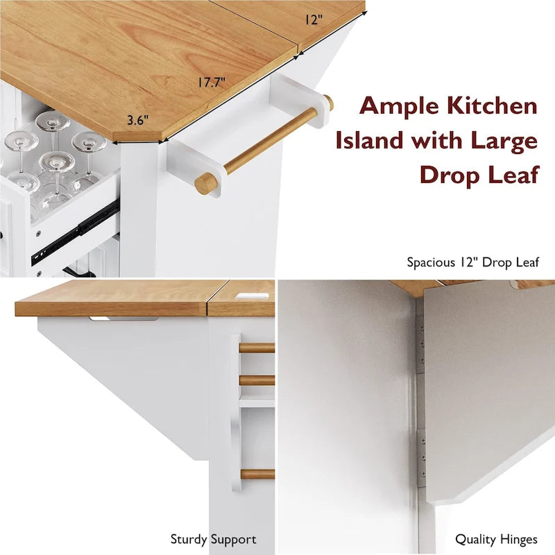 56  Kitchen Island With Drop Leaf, Rolling Kitchen Cart On Wheels, Rolling Kitchen Table with Drawers