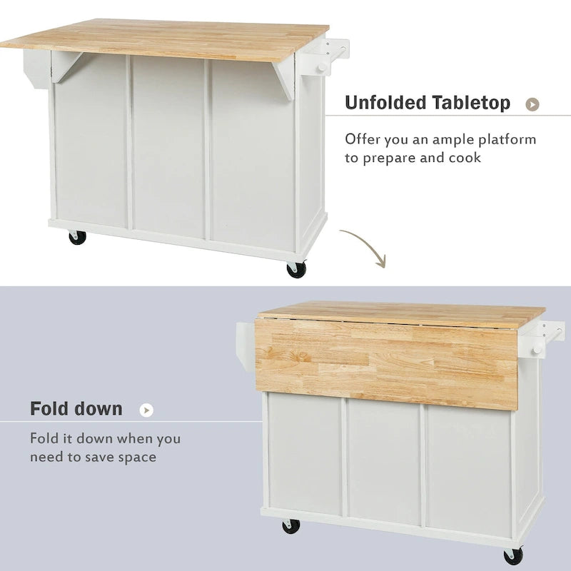 Rubber Wood Drop-Leaf Kitchen Cart with Internal Storage Racks and Rolling Casters