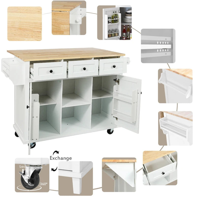 Rubber Wood Drop-Leaf Kitchen Cart with Internal Storage Racks and Rolling Casters