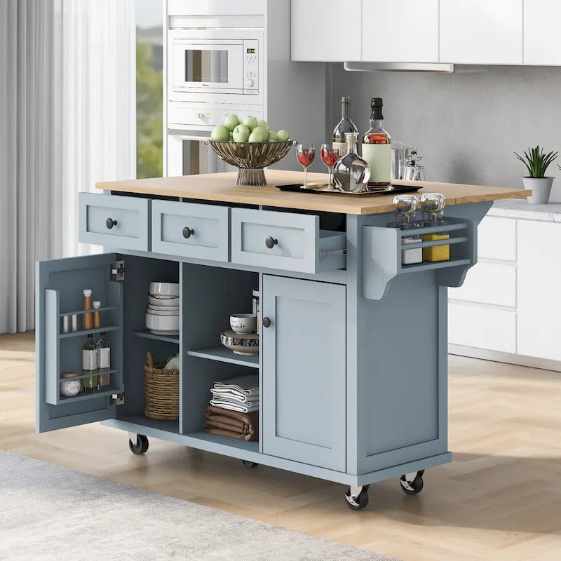 Rubber Wood Drop-Leaf Kitchen Cart with Internal Storage Racks and Rolling Casters