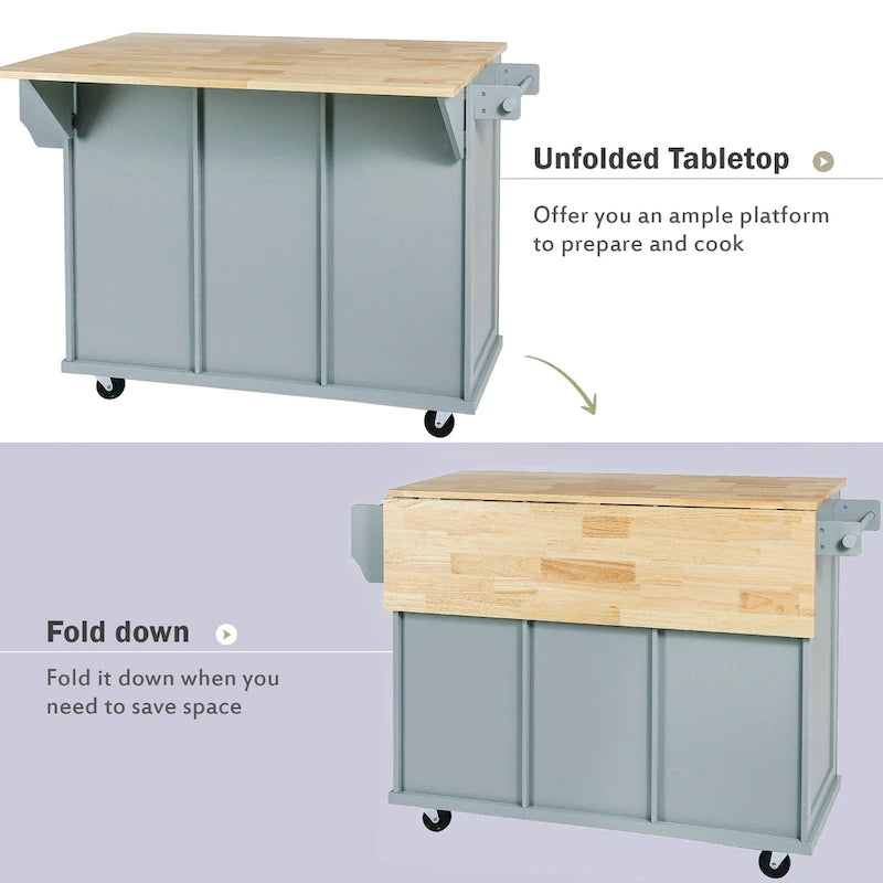 Rubber Wood Drop-Leaf Kitchen Cart with Internal Storage Racks and Rolling Casters