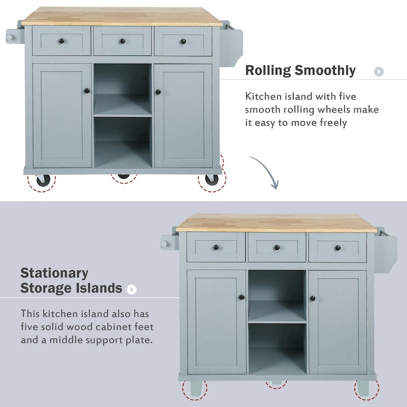 Rubber Wood Drop-Leaf Kitchen Cart with Internal Storage Racks and Rolling Casters
