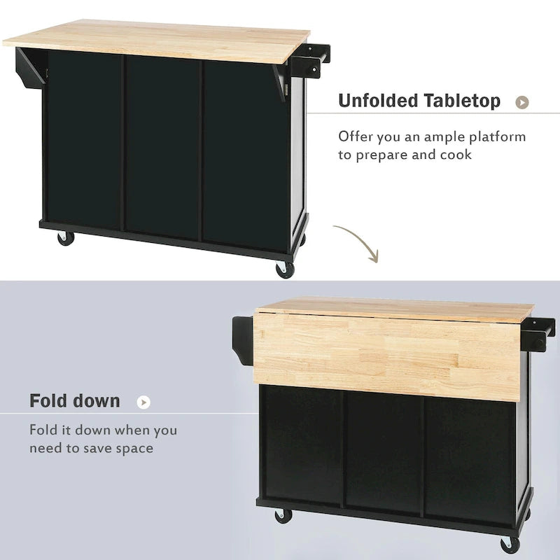 Rubber Wood Drop-Leaf Kitchen Cart with Internal Storage Racks and Rolling Casters