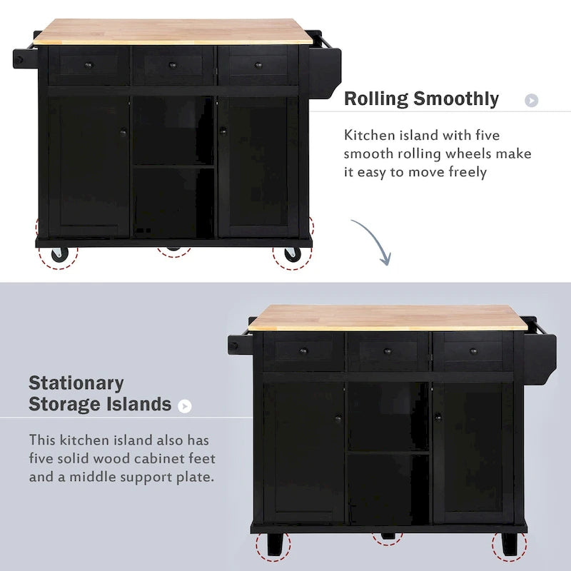 Rubber Wood Drop-Leaf Kitchen Cart with Internal Storage Racks and Rolling Casters