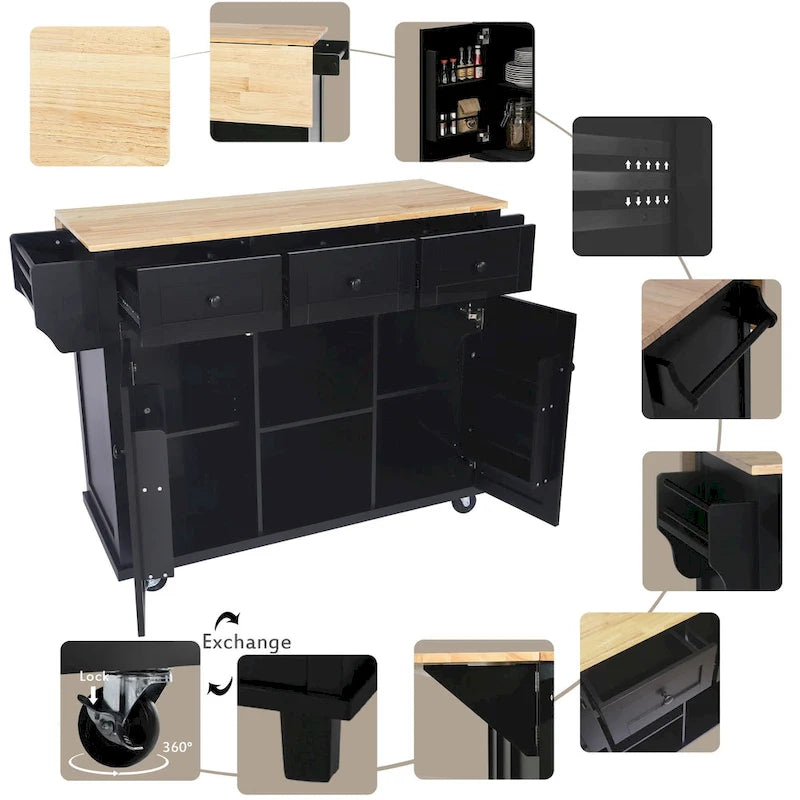 Rubber Wood Drop-Leaf Kitchen Cart with Internal Storage Racks and Rolling Casters