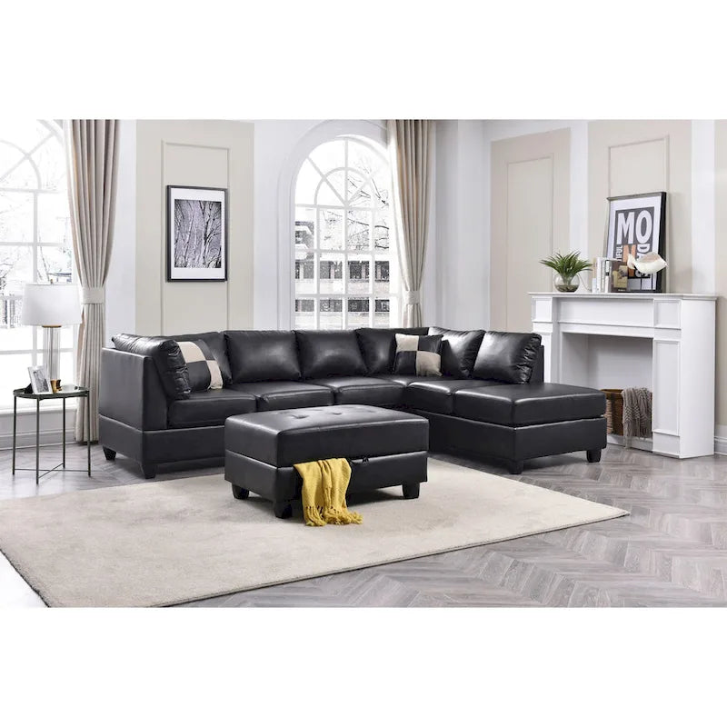 Malone 111 in. Faux Leather 4-Seater Sectional Sofa with 2-Throw Pillow - 111 L x 78 W x 34 H