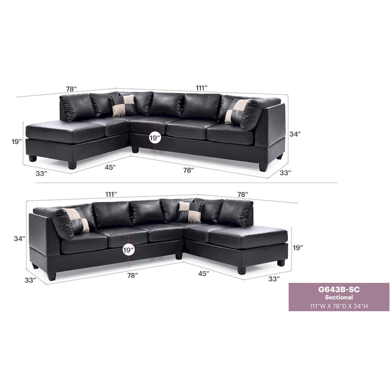 Malone 111 in. Faux Leather 4-Seater Sectional Sofa with 2-Throw Pillow - 111 L x 78 W x 34 H