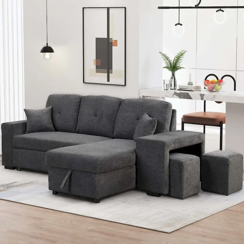 Modern L-Shape 3 Seat Reversible Sectional Couch,with Storage Chaise and 2 Stools