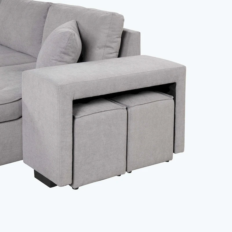 Modern L-Shape 3 Seat Reversible Sectional Couch,with Storage Chaise and 2 Stools
