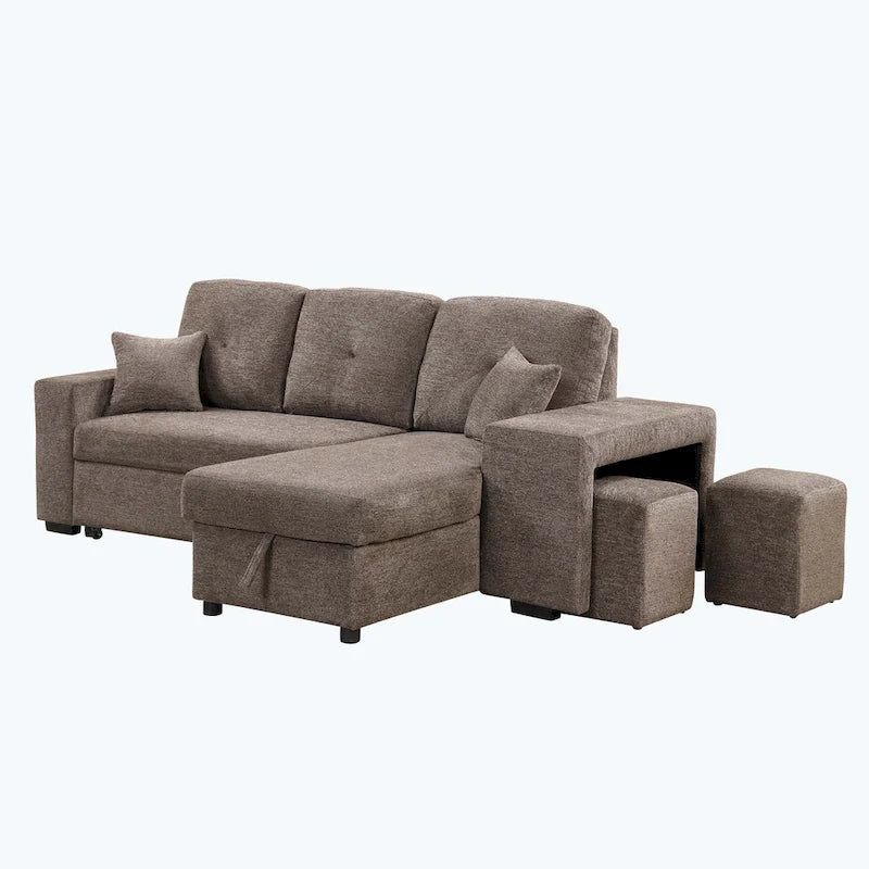 Modern L-Shape 3 Seat Reversible Sectional Couch,with Storage Chaise and 2 Stools