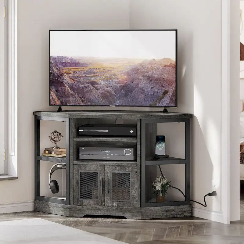 Moasis Farmhouse Corner TV Stand for TVs up to 55  Wood TV Media Console Entertainment Center