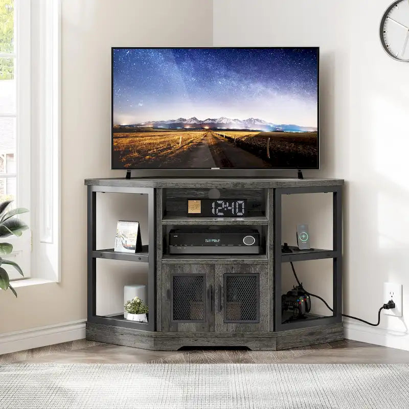 Moasis Farmhouse Corner TV Stand for TVs up to 55  Wood TV Media Console Entertainment Center