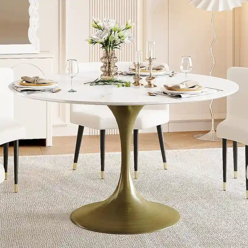 JASIWAY Modern Faux Marble Top Iron Pedestal Dining Table