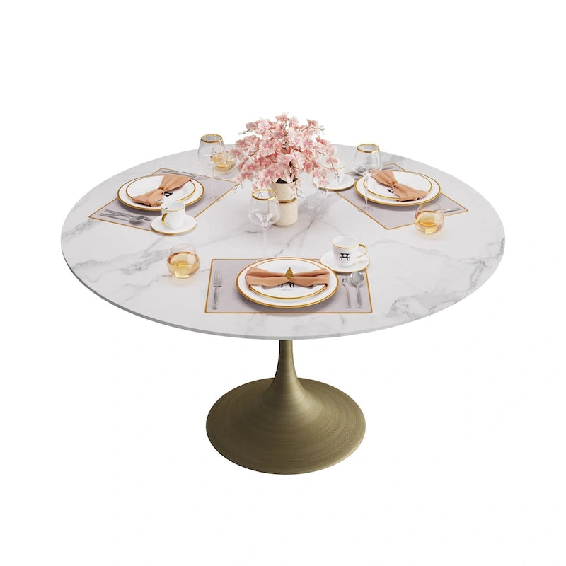 JASIWAY Modern Faux Marble Top Iron Pedestal Dining Table