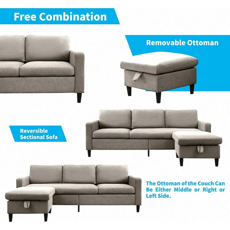 Mixoy Convertible L-Shaped Sectional 3-Seat Sofa with Storage Ottoman,Reversible Chaise - 85.83in x 27.95in x 30.71in
