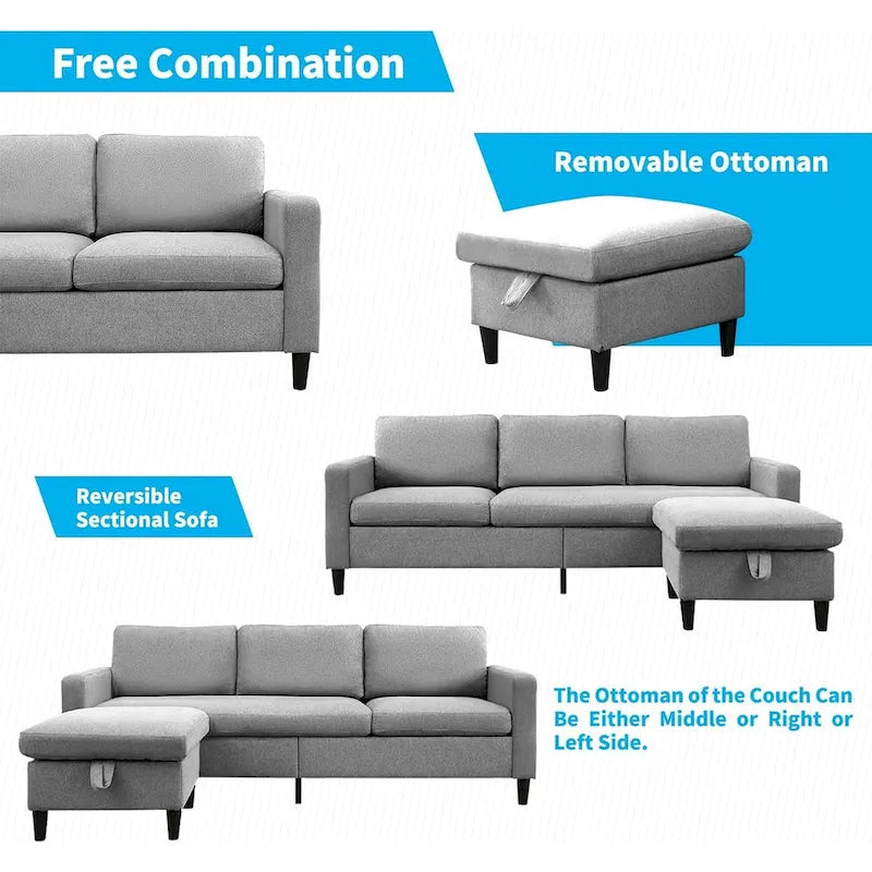 Mixoy Convertible L-Shaped Sectional 3-Seat Sofa with Storage Ottoman,Reversible Chaise - 85.83in x 27.95in x 30.71in