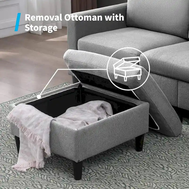 Mixoy Convertible L-Shaped Sectional 3-Seat Sofa with Storage Ottoman,Reversible Chaise - 85.83in x 27.95in x 30.71in